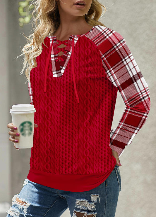 Red Lace Up Plaid Long Sleeve Split Neck Sweatshirt