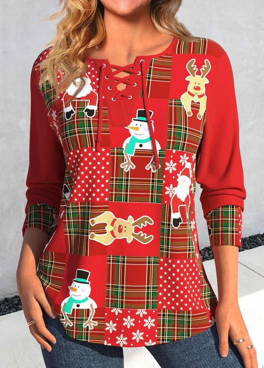 Red Patchwork Christmas Print Long Sleeve T Shirt