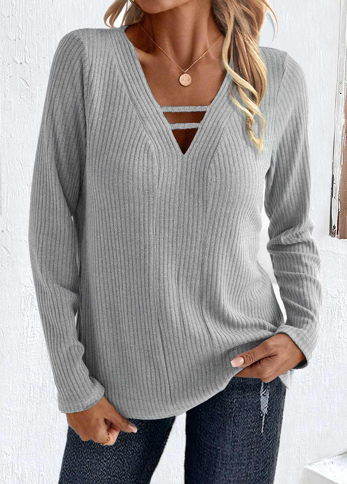Light Grey Cut Out Long Sleeve T Shirt