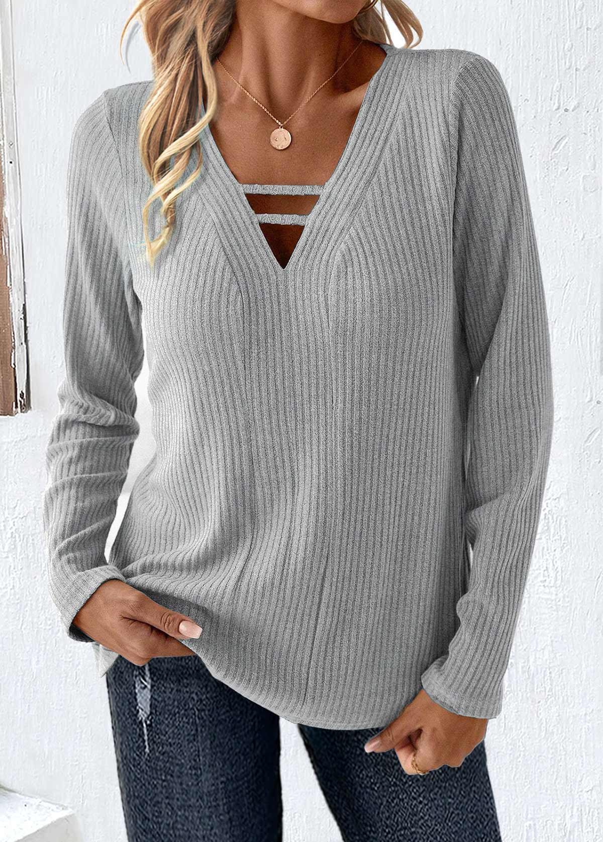 Light Grey Cut Out Long Sleeve T Shirt
