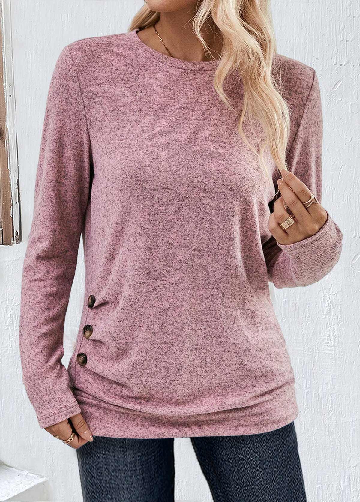 Pink Button Long Sleeve Round Neck T Shirt