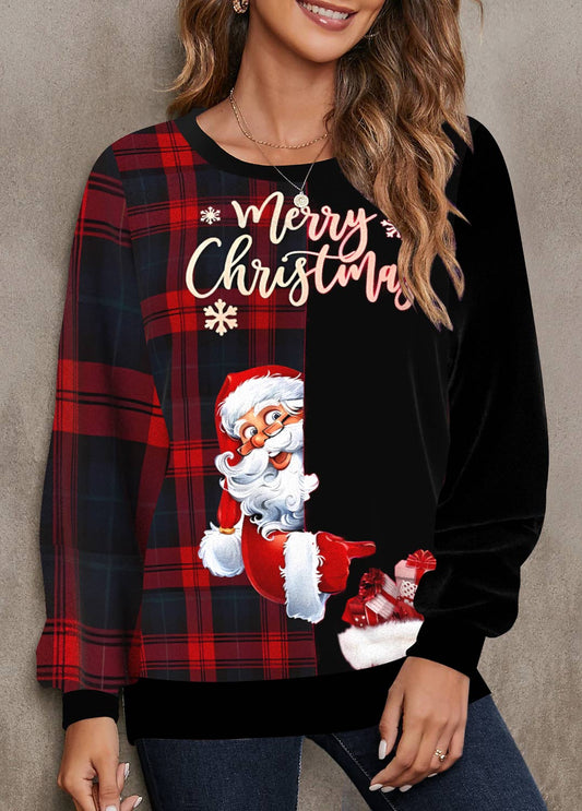 Black Patchwork Christmas Print Round Neck Sweatshirt