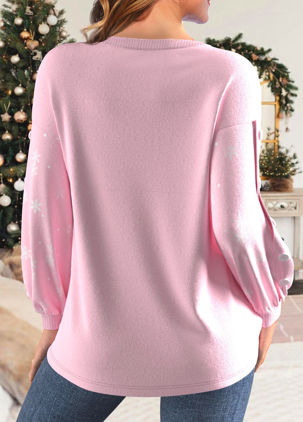 Light Pink Button Christmas Print Long Sleeve Sweatshirt