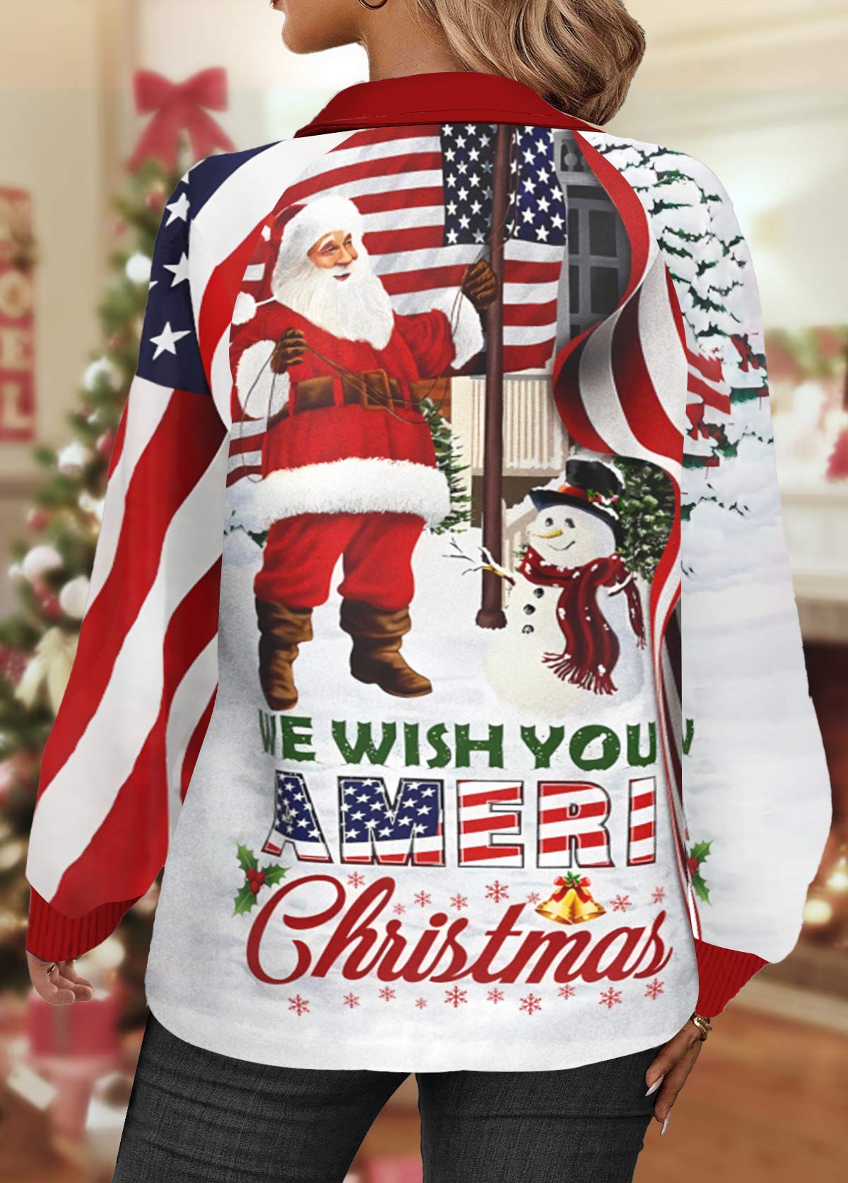 Multi Color Zipper Christmas Print Long Sleeve Sweatshirt