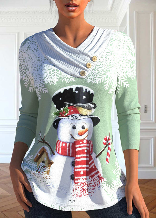 Christmas Light Green Snowman Print Long Sleeve T Shirt