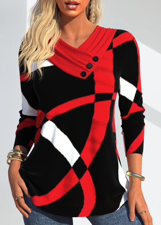 Red Button Geometric Print Long Sleeve V Neck Sweatshirt