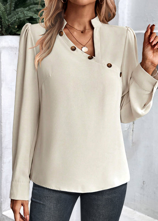 Beige Button Long Sleeve Asymmetrical Neck Blouse