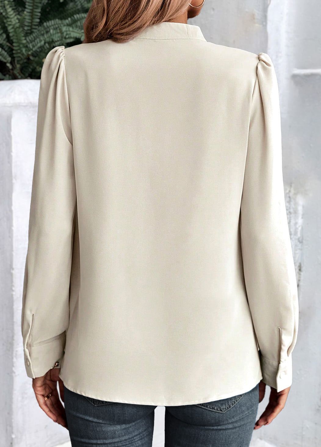 Beige Button Long Sleeve Asymmetrical Neck Blouse