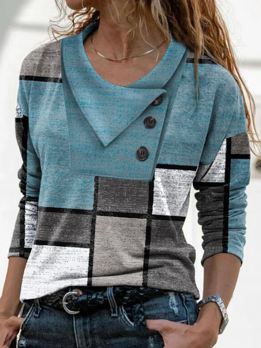 Cowl Neck Geometric Buttoned Casual T-Shirt/Tee