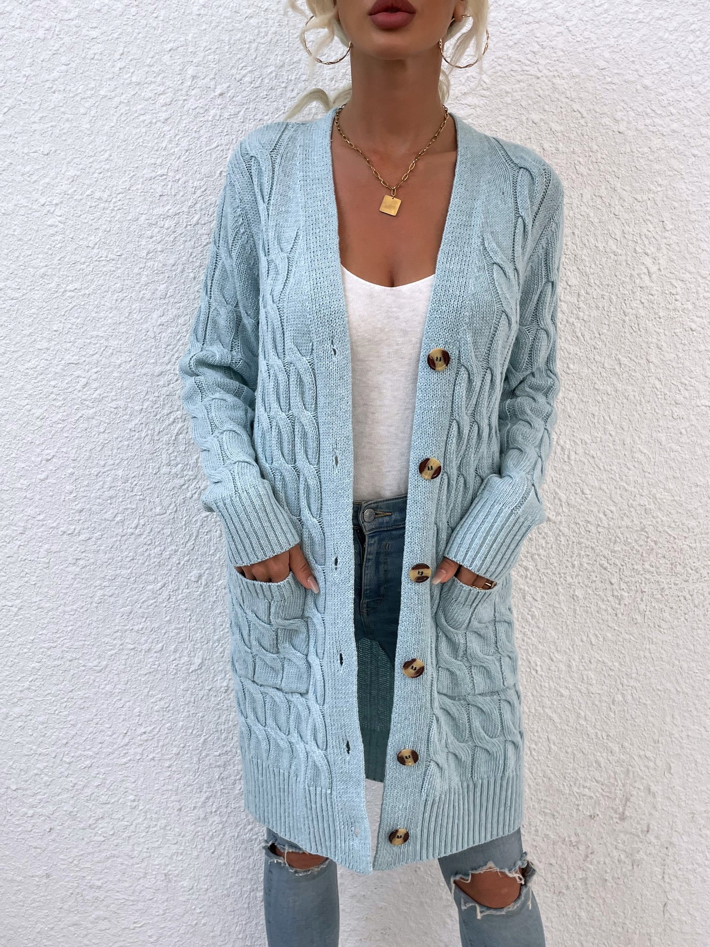 New long coat twist rope solid color cardigan sweater