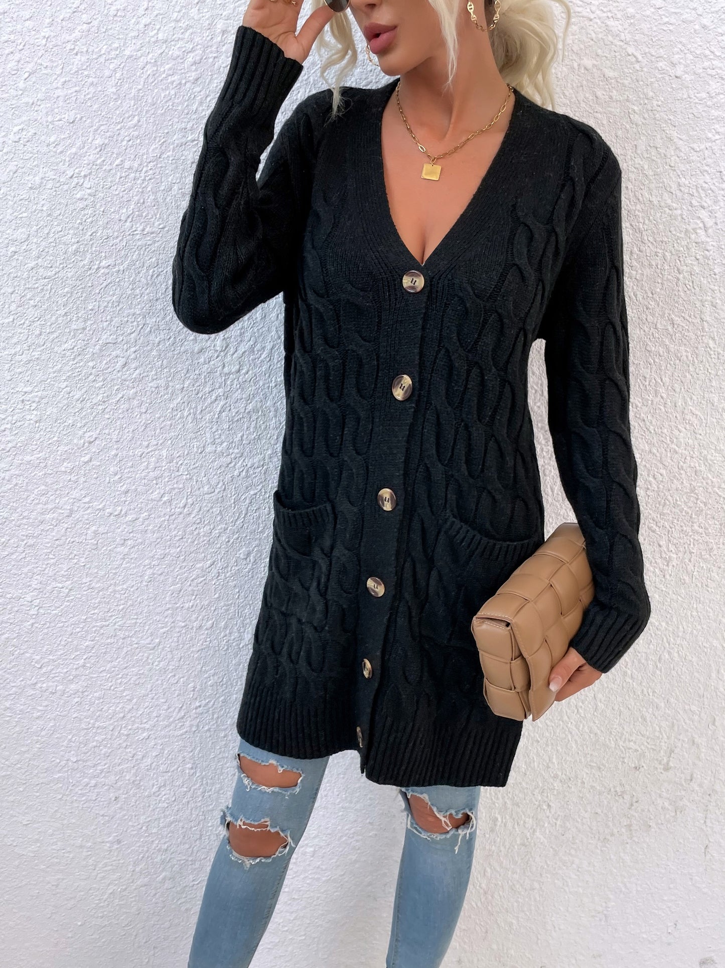 New long coat twist rope solid color cardigan sweater