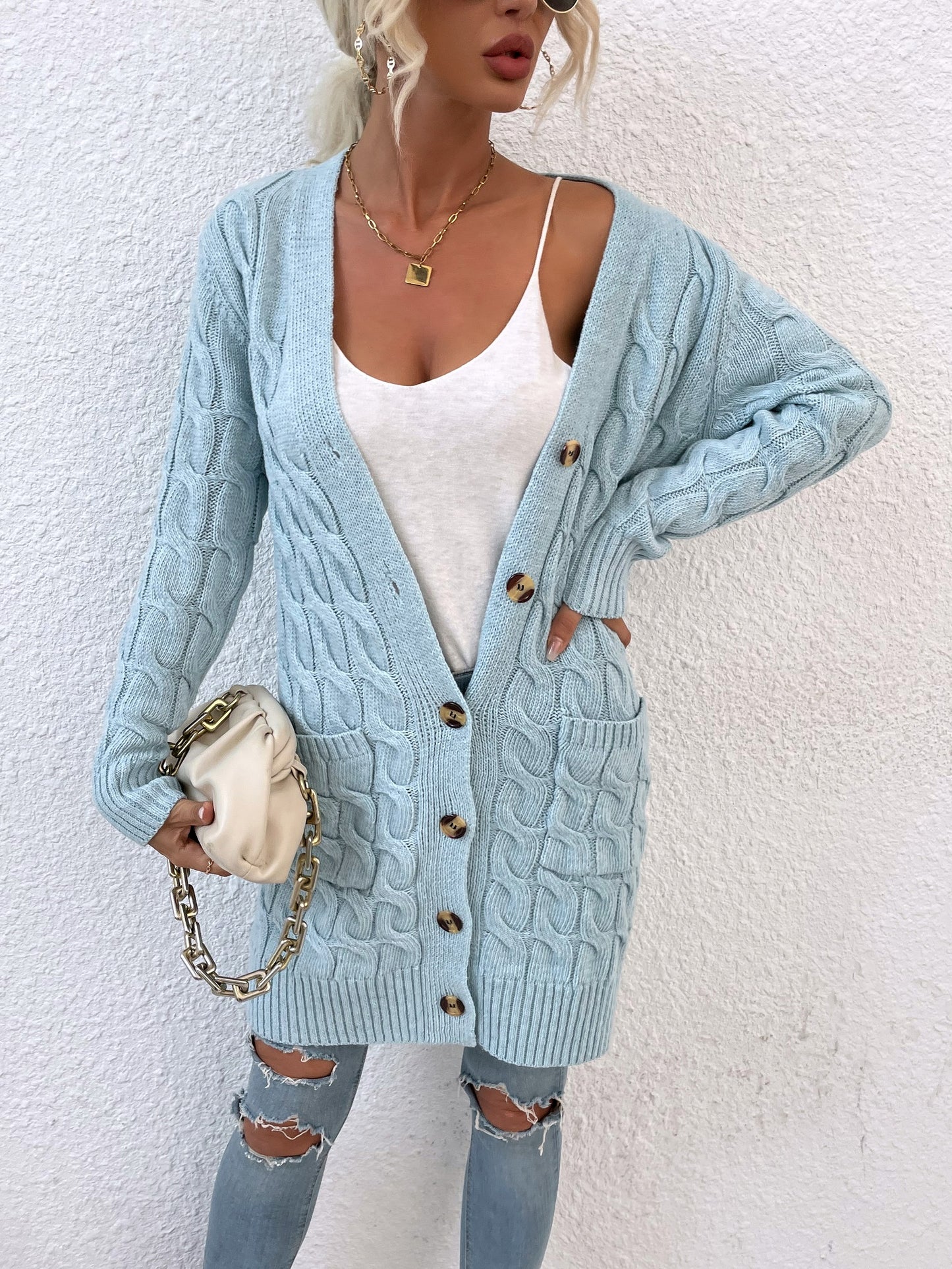 New long coat twist rope solid color cardigan sweater
