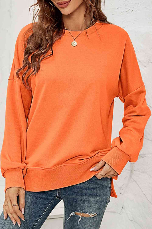 Round Neck  Dropped Shoulder Slit Sweatshirt AC