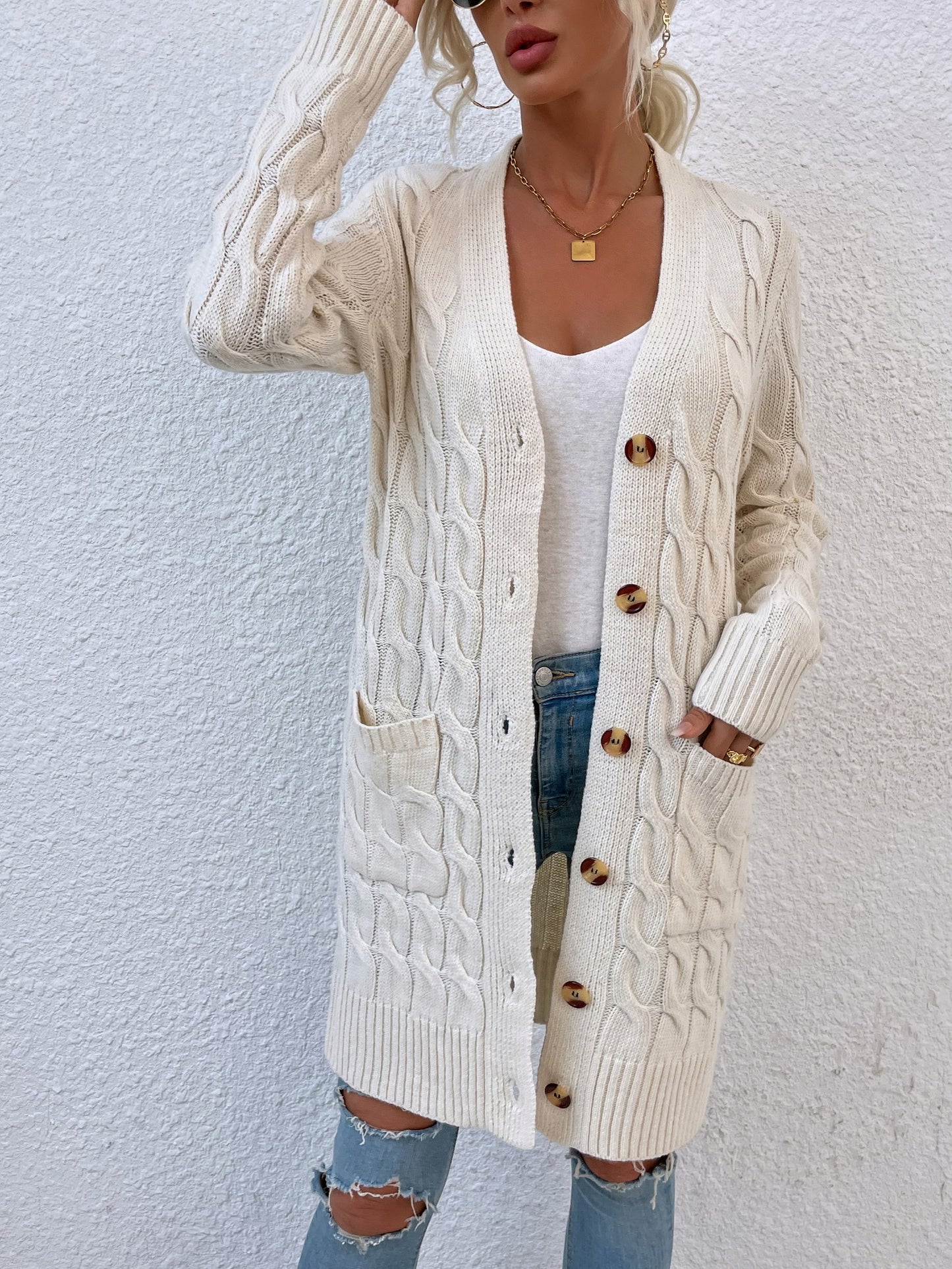 New long coat twist rope solid color cardigan sweater