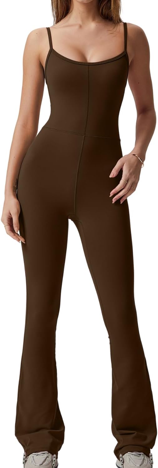 Flare Jumpsuits for Women Spaghetti Straps Scoop Neck Bodycon Full Length Casual Unitard Playsuit