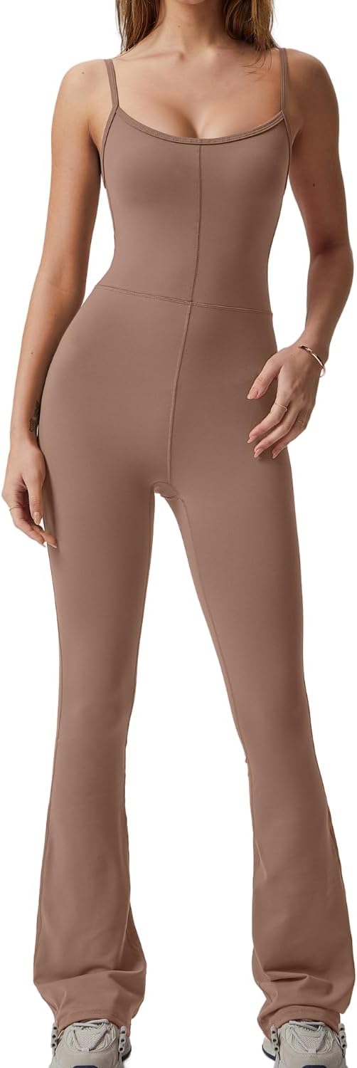 Flare Jumpsuits for Women Spaghetti Straps Scoop Neck Bodycon Full Length Casual Unitard Playsuit