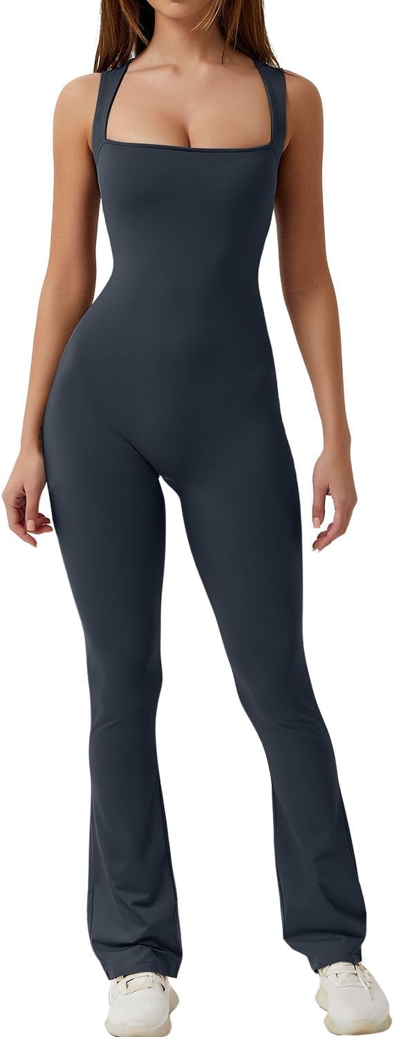 Flare Jumpsuits for Women Strappy Square Neck Bodycon Full Length Long Pants Casual Playsuit