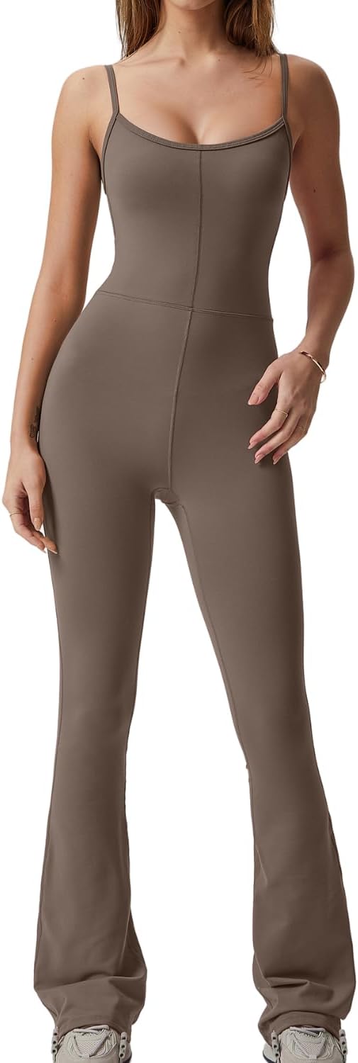 Flare Jumpsuits for Women Spaghetti Straps Scoop Neck Bodycon Full Length Casual Unitard Playsuit