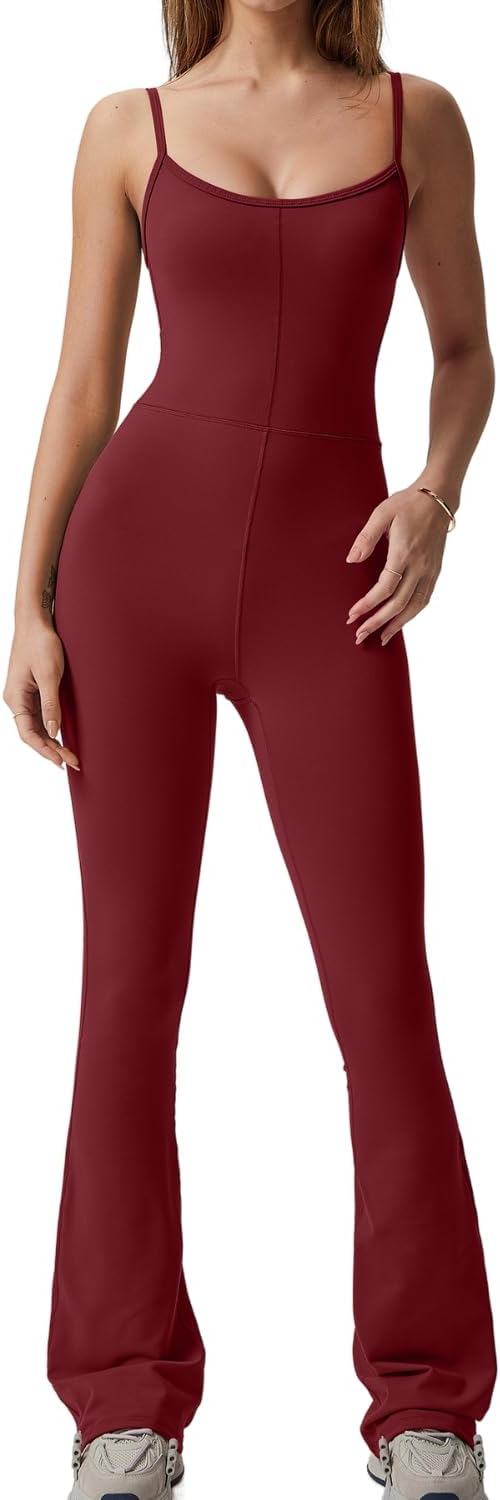 Flare Jumpsuits for Women Spaghetti Straps Scoop Neck Bodycon Full Length Casual Unitard Playsuit