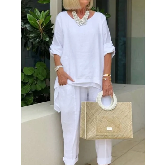 Women's Casual Solid Linen Sleeve Top Slacks Suit