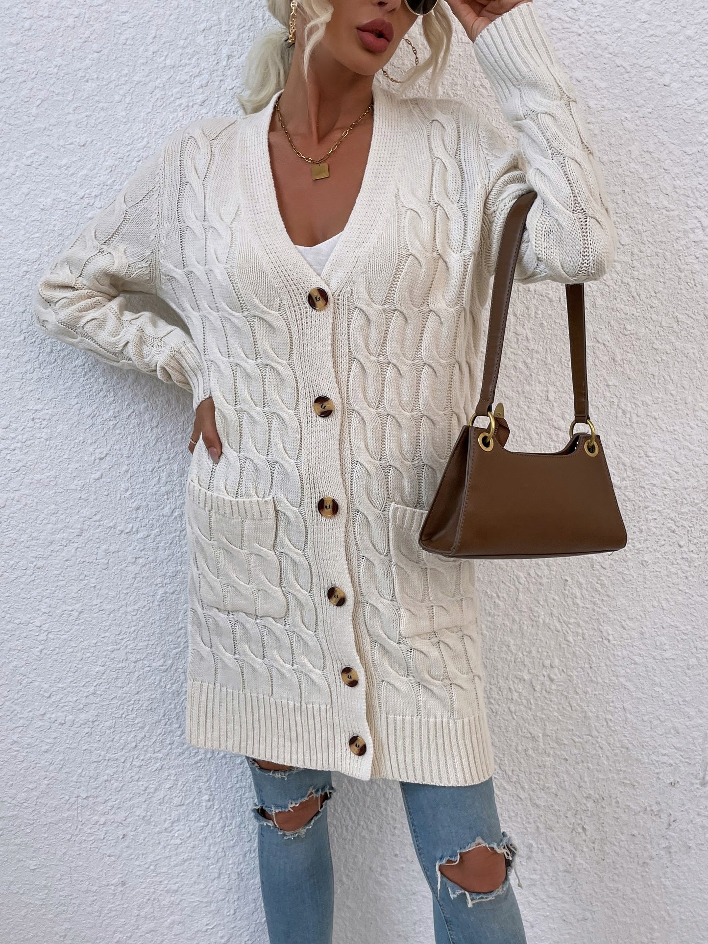 New long coat twist rope solid color cardigan sweater