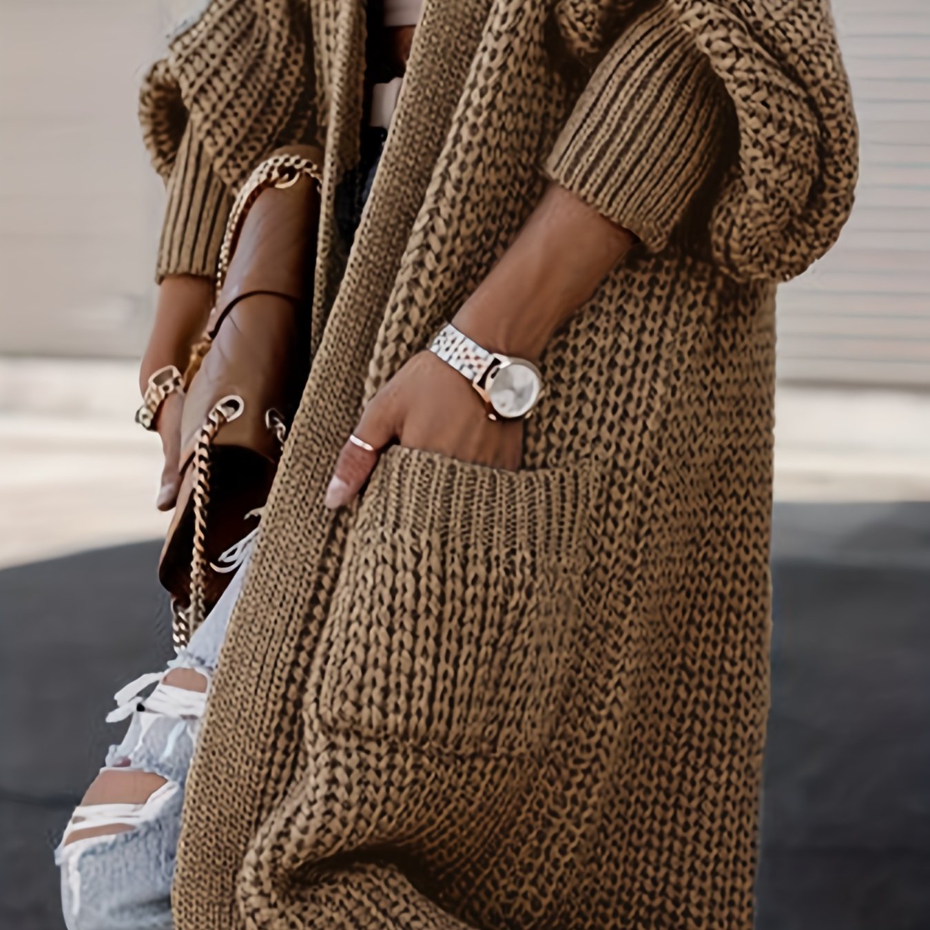 Plus Size Casual Cardigan, Women's Plus Solid Long Sleeve Open Front Cardigan With Pockets