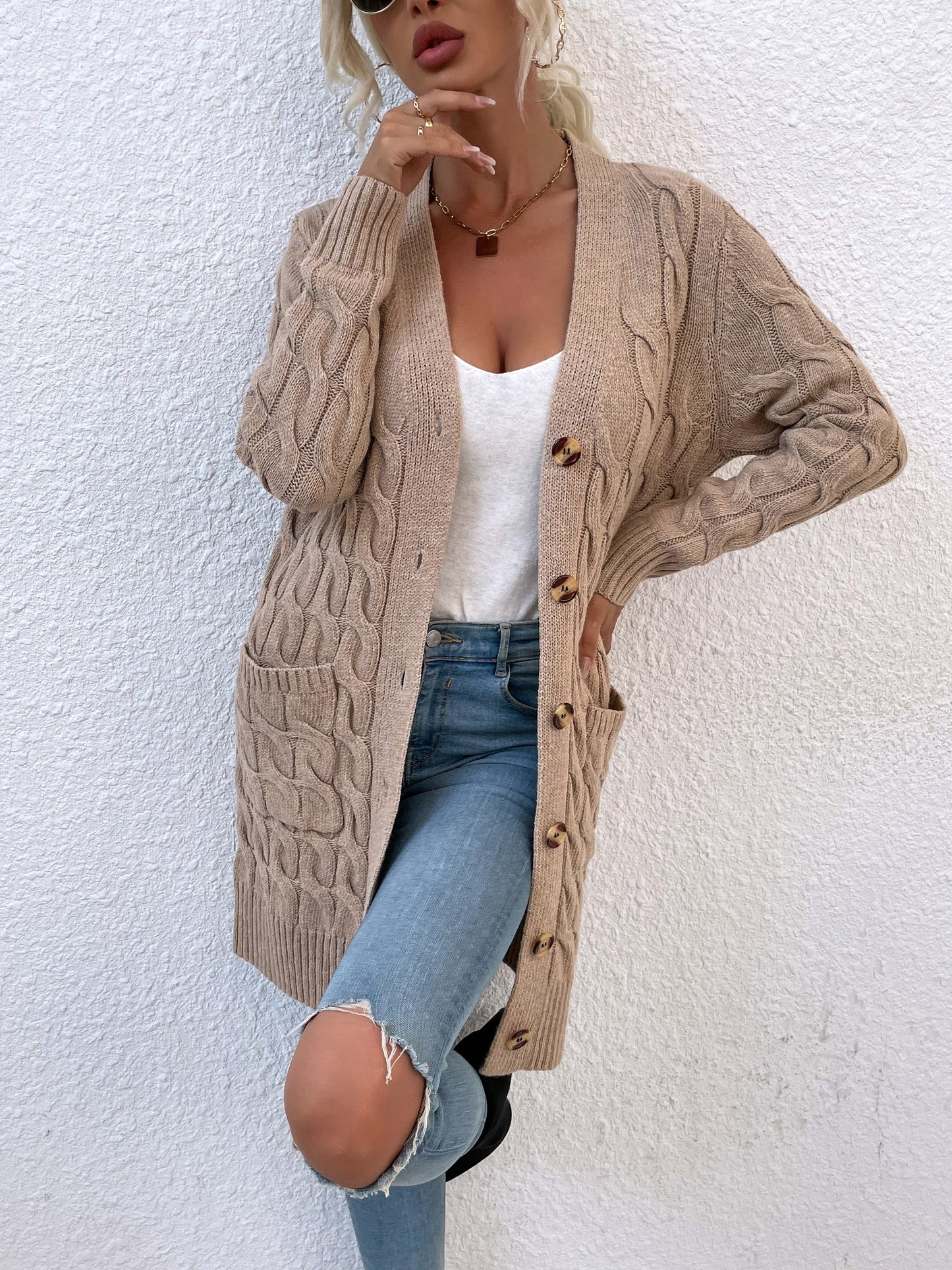 New long coat twist rope solid color cardigan sweater
