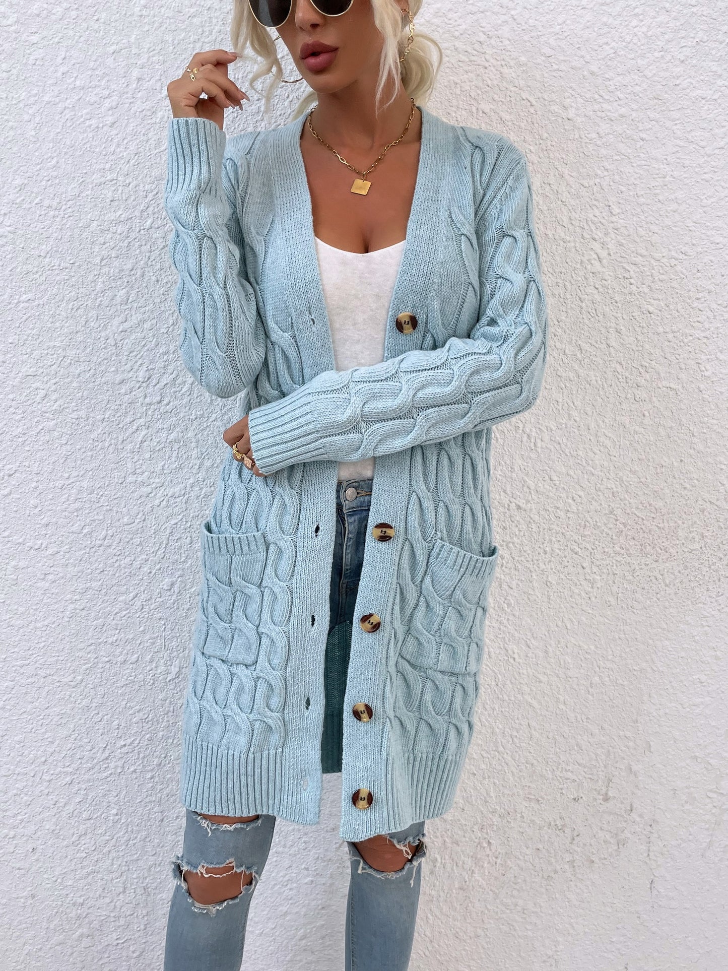New long coat twist rope solid color cardigan sweater