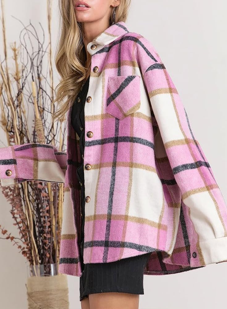 Womens Casual Plaid Shackets Brushed Flannel Button Down Shirt Jacket Coats with Side Pockets