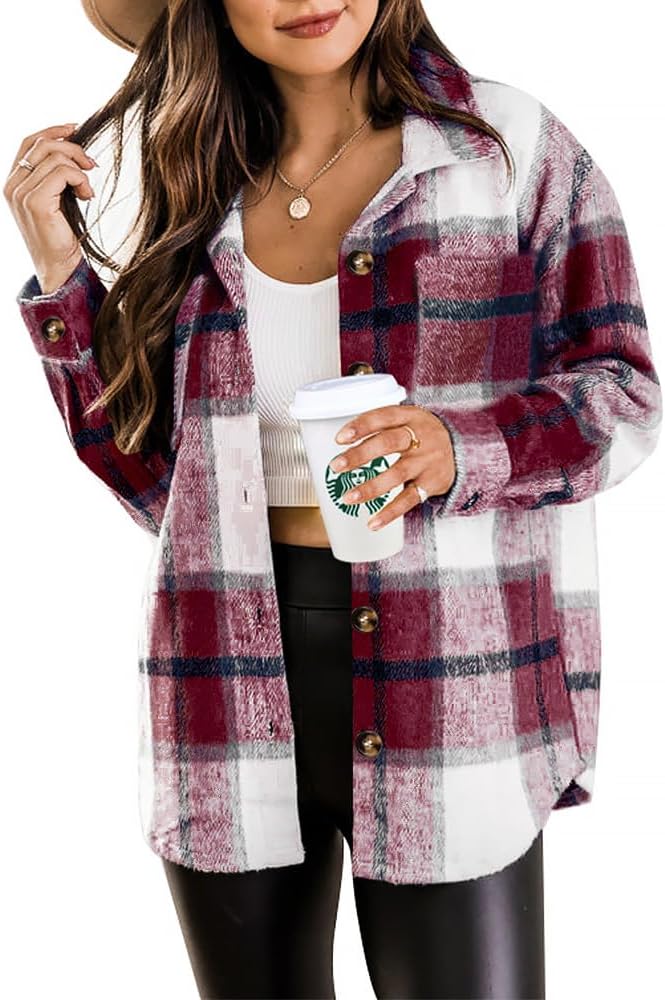 Womens Casual Plaid Shackets Brushed Flannel Button Down Shirt Jacket Coats with Side Pockets