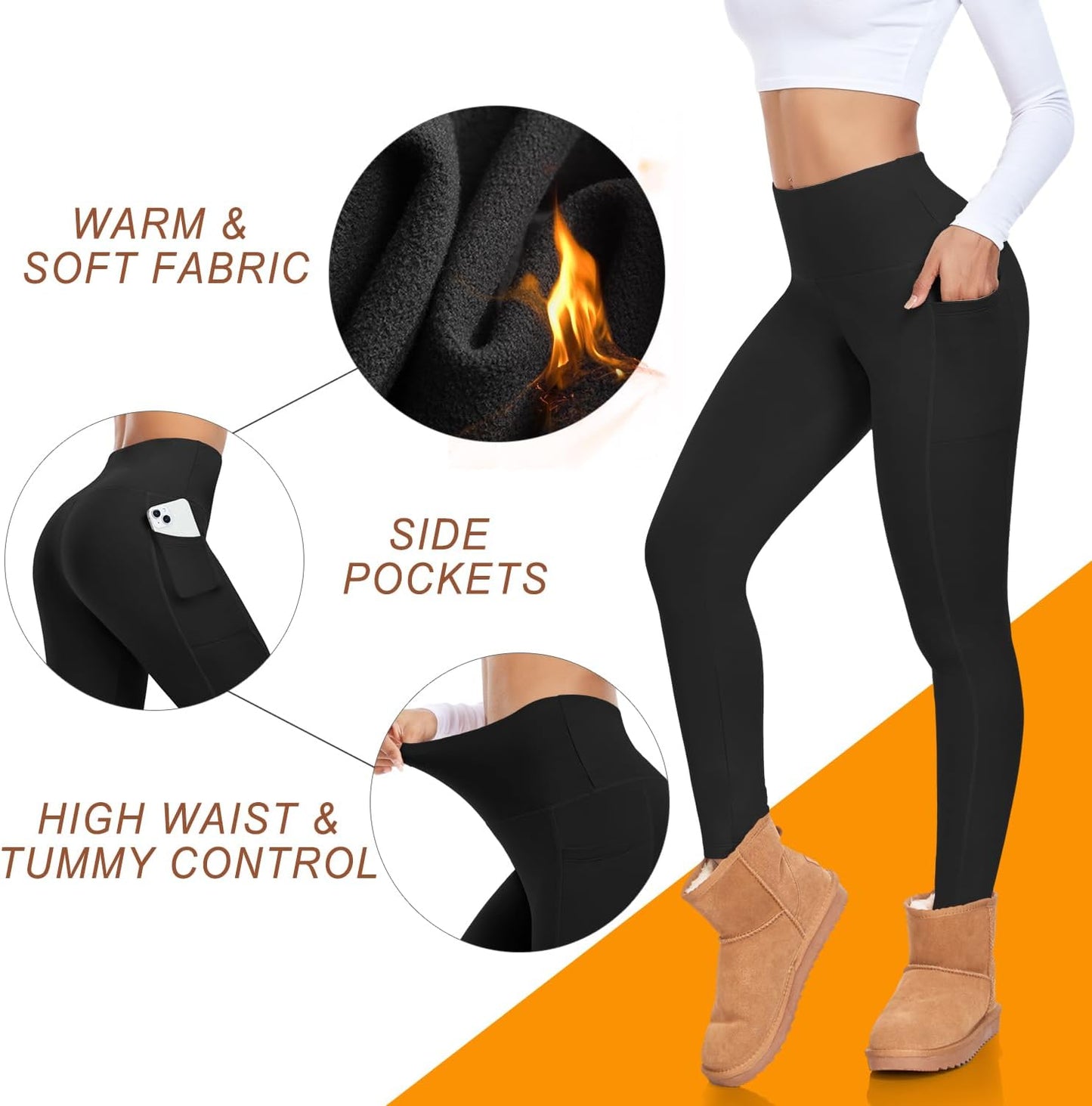 Fleece Lined Leggings with Pockets for Women High Waisted Thermal Winter Tummy Control Yoga Pants Workout Tights