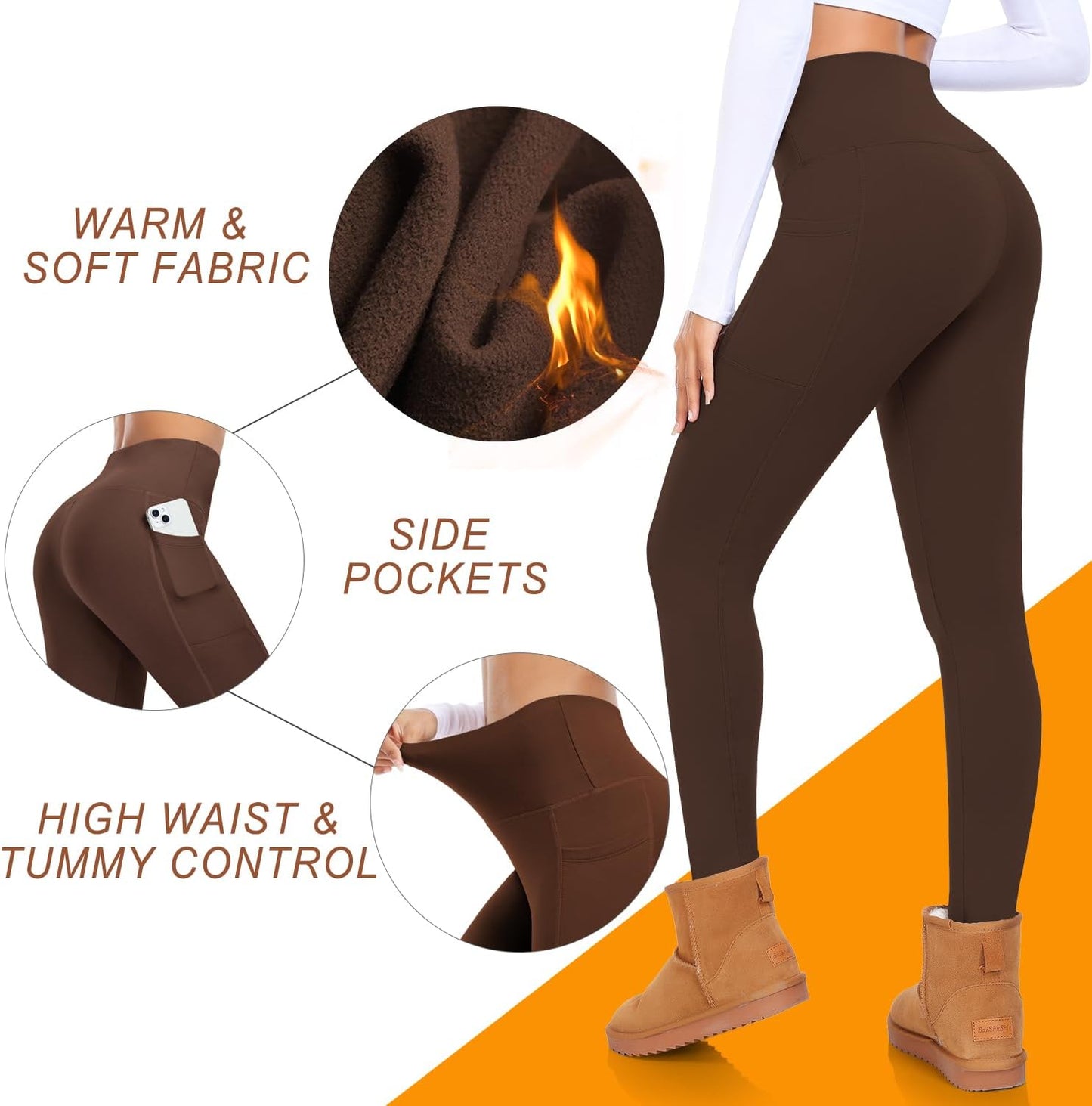 Fleece Lined Leggings with Pockets for Women High Waisted Thermal Winter Tummy Control Yoga Pants Workout Tights