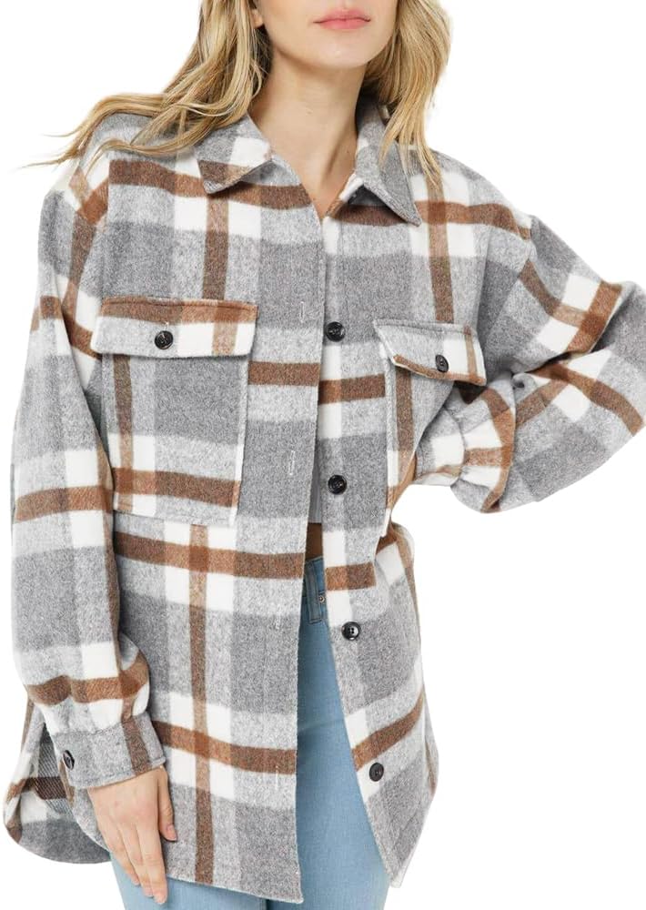 Womens Casual Plaid Shackets Brushed Flannel Button Down Shirt Jacket Coats with Side Pockets