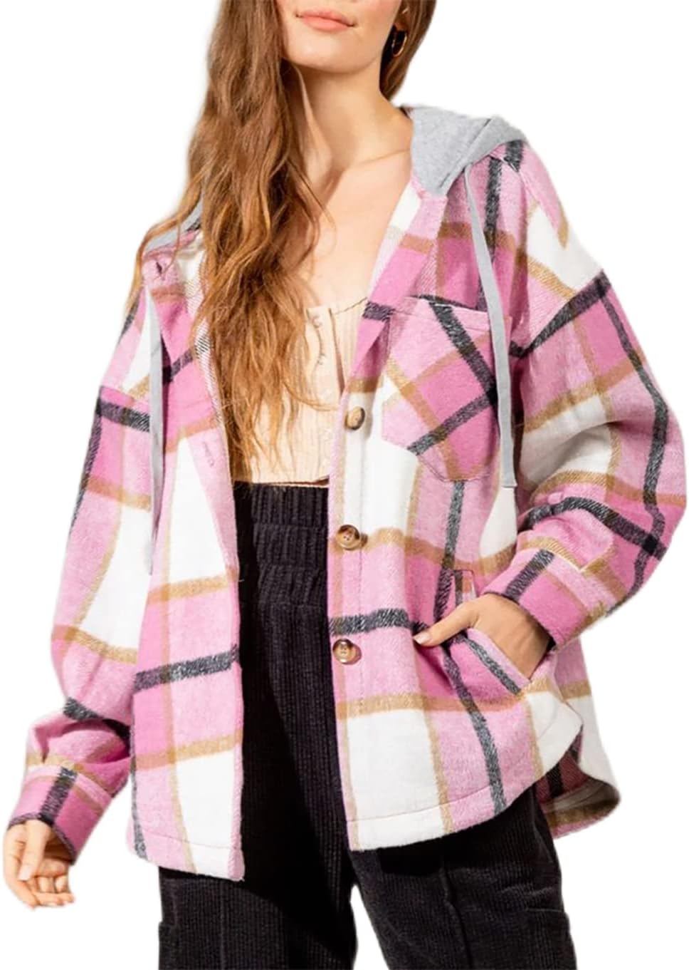 Womens Casual Plaid Shackets Brushed Flannel Button Down Shirt Jacket Coats with Side Pockets