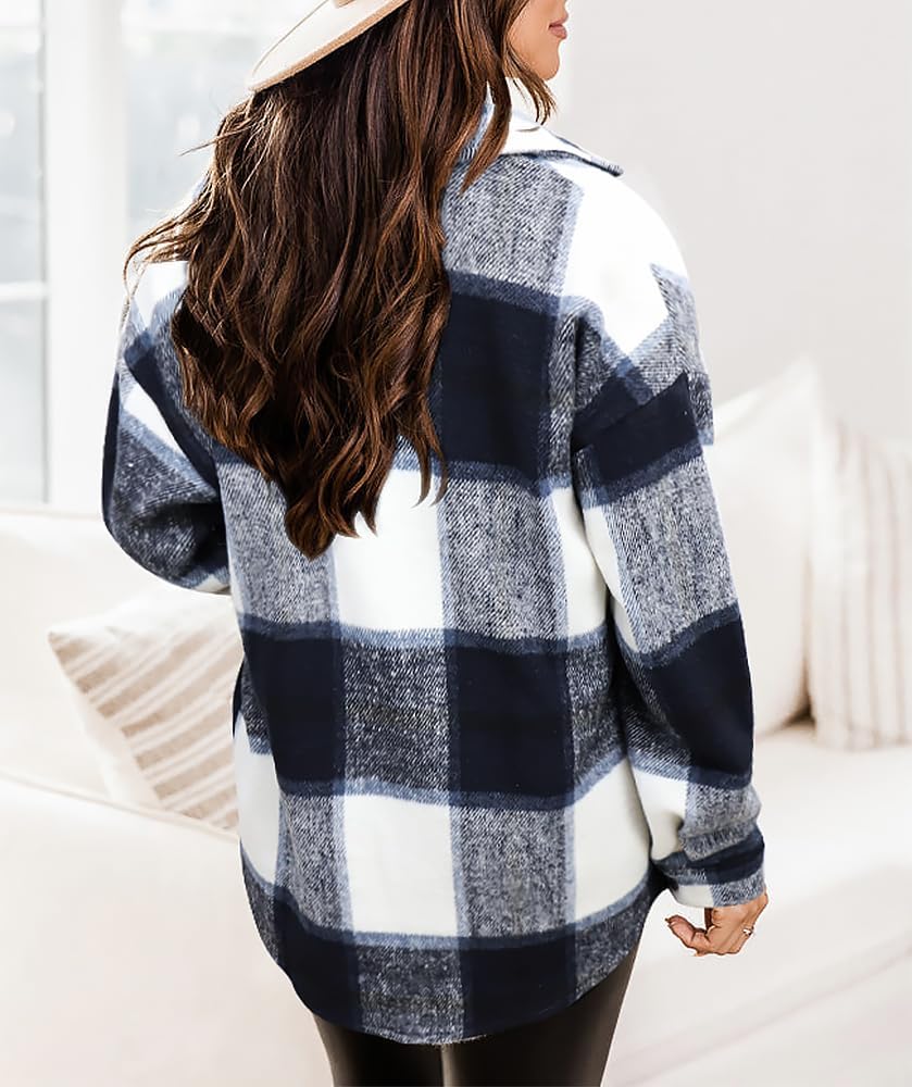 Womens Casual Plaid Shackets Brushed Flannel Button Down Shirt Jacket Coats with Side Pockets