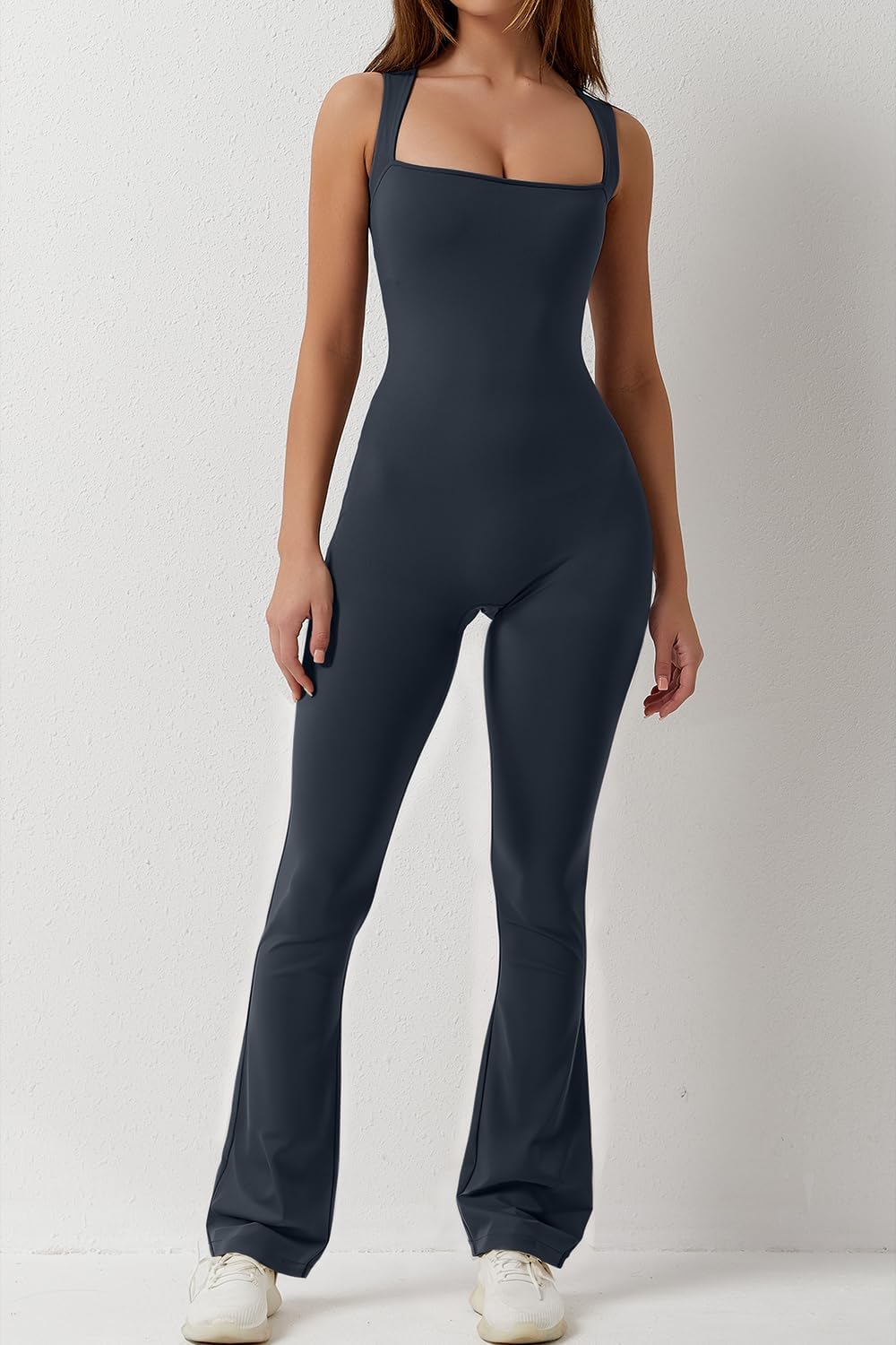 Flare Jumpsuits for Women Strappy Square Neck Bodycon Full Length Long Pants Casual Playsuit