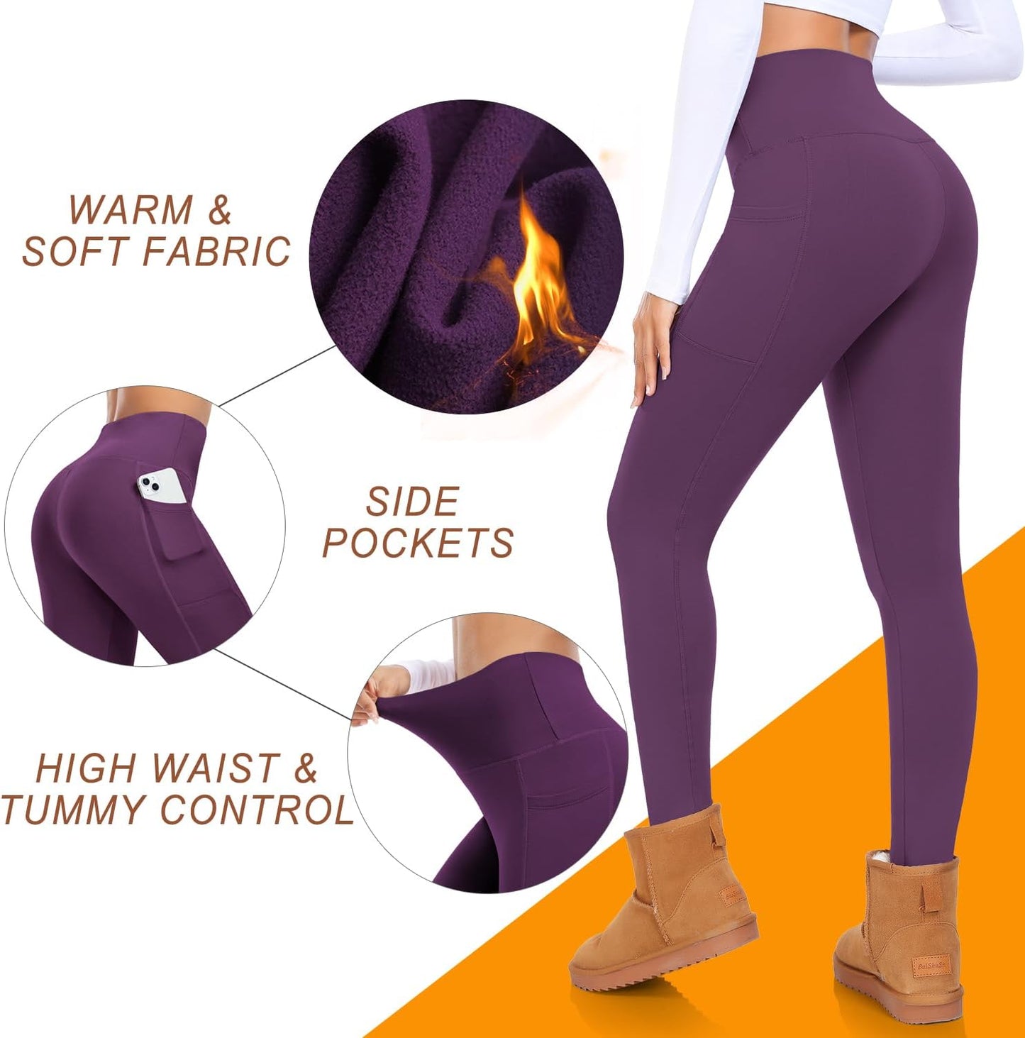 Fleece Lined Leggings with Pockets for Women High Waisted Thermal Winter Tummy Control Yoga Pants Workout Tights
