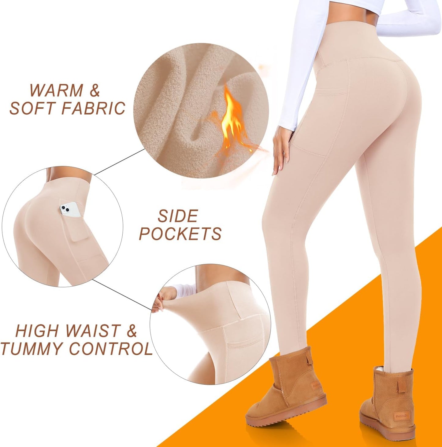 Fleece Lined Leggings with Pockets for Women High Waisted Thermal Winter Tummy Control Yoga Pants Workout Tights