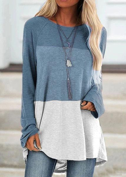 Casual Round Collar Color Block Long Sleeve Tops