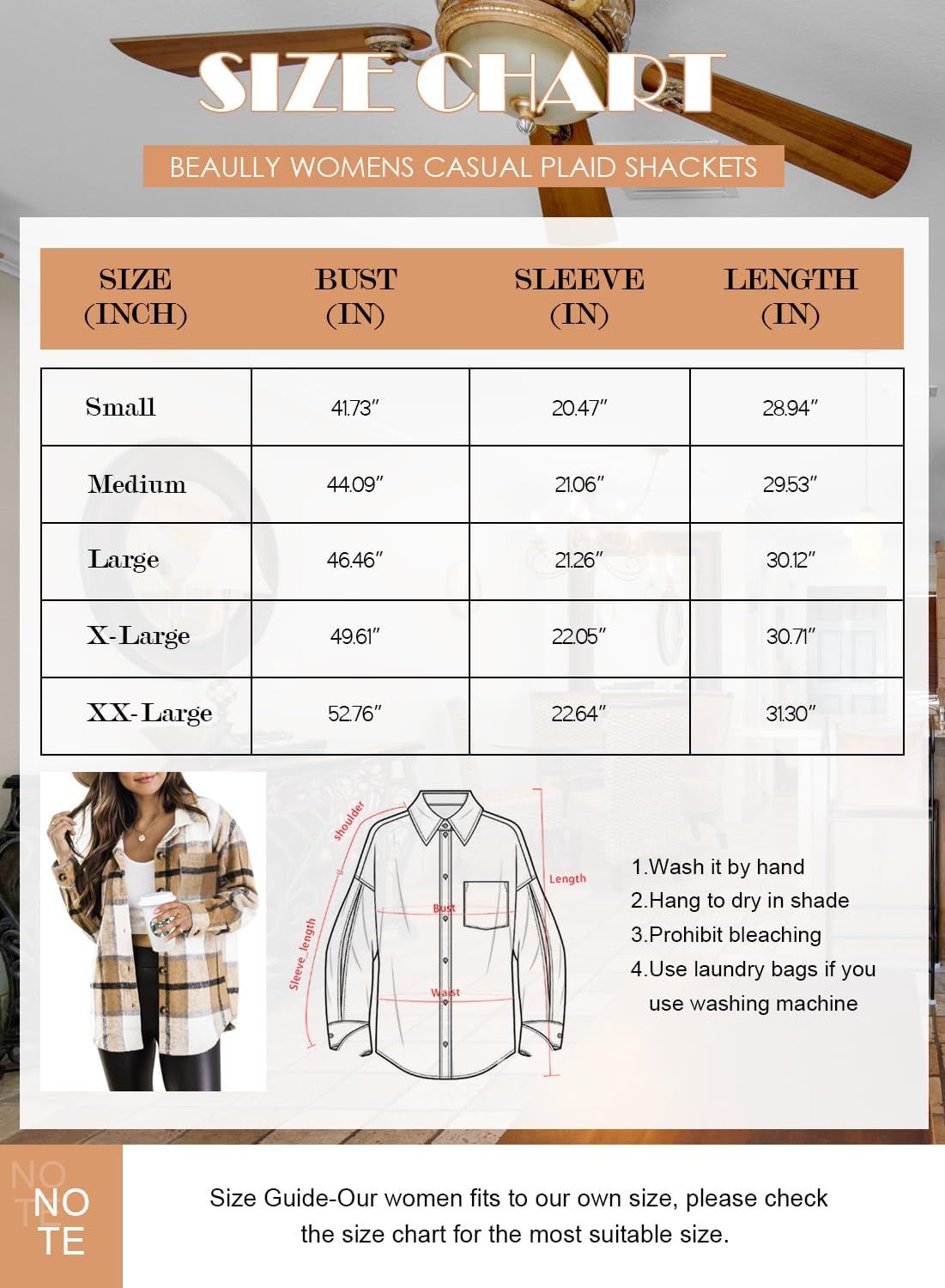 Womens Casual Plaid Shackets Brushed Flannel Button Down Shirt Jacket Coats with Side Pockets