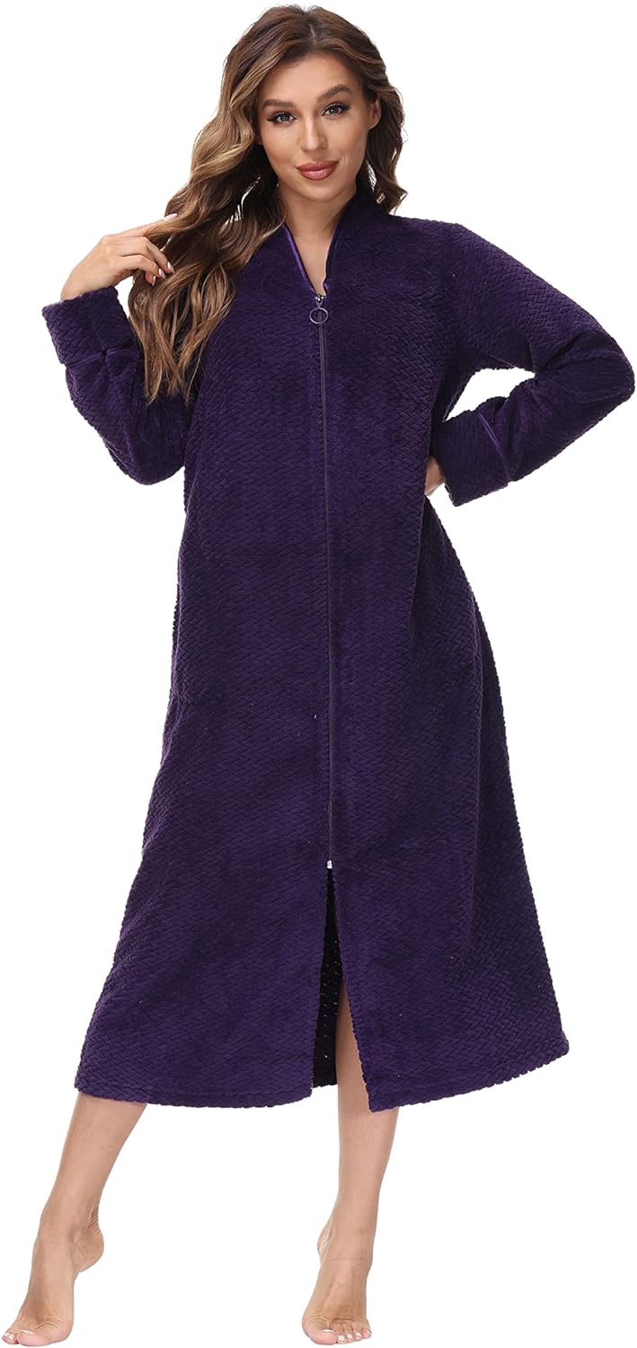 Embossed Plush Front Zipper Robe for Women - Full-Length Housecoat - Ladies Bathrobe with Pocket, Collar & Cuff, Chalky Rose, XS