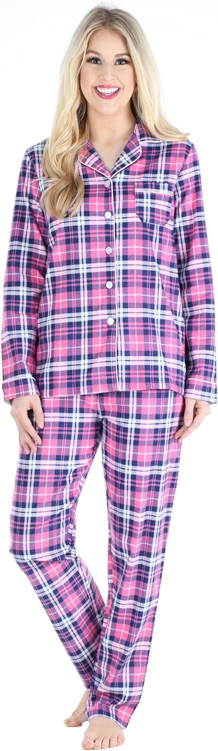 Women's Cotton Flannel Long Sleeve Button-Down Pajamas PJ Set