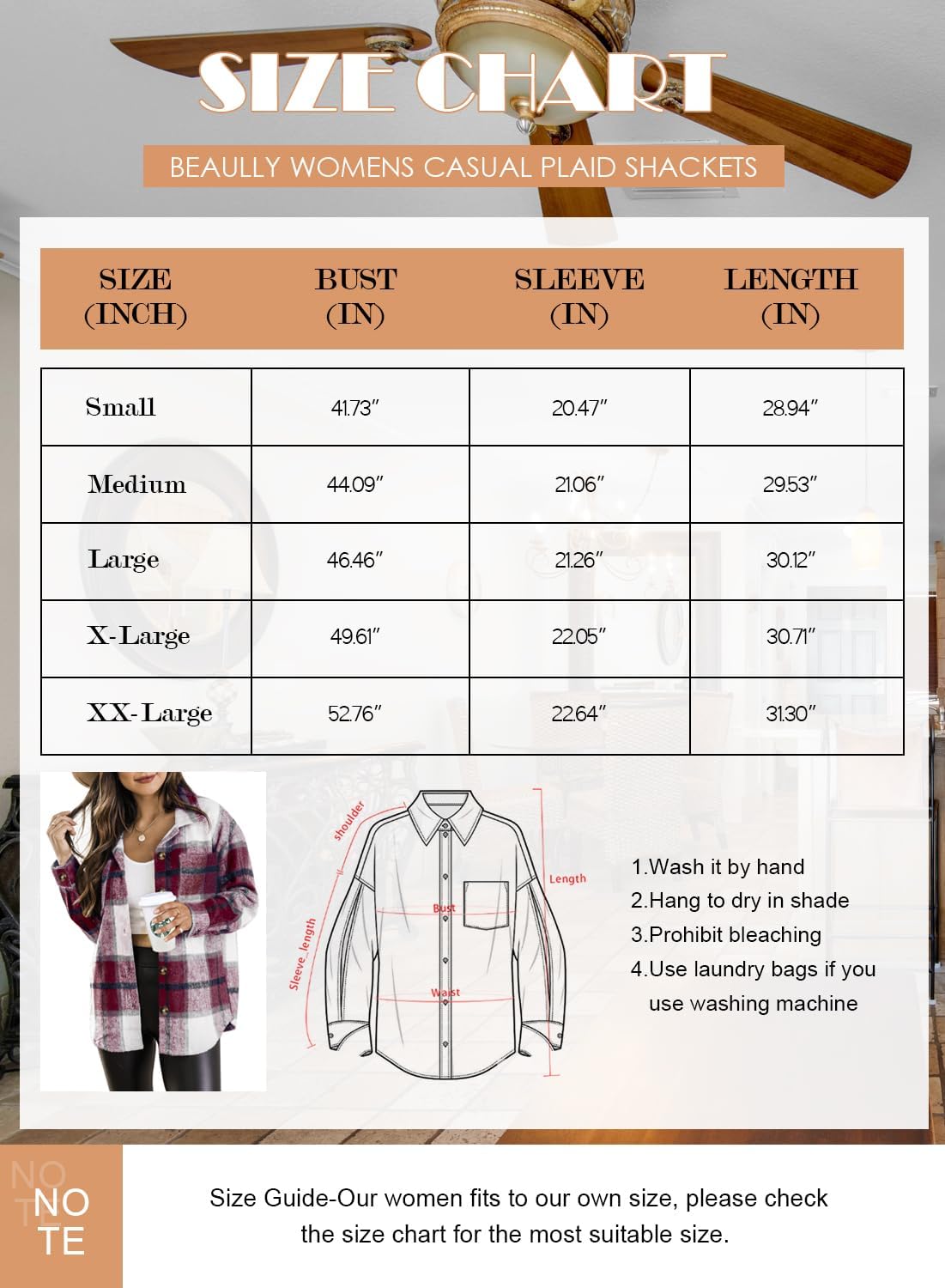 Womens Casual Plaid Shackets Brushed Flannel Button Down Shirt Jacket Coats with Side Pockets
