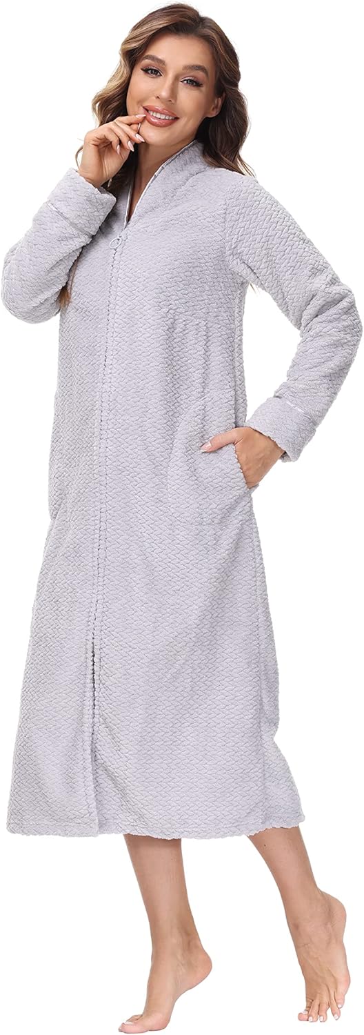Embossed Plush Front Zipper Robe for Women - Full-Length Housecoat - Ladies Bathrobe with Pocket, Collar & Cuff, Chalky Rose, XS