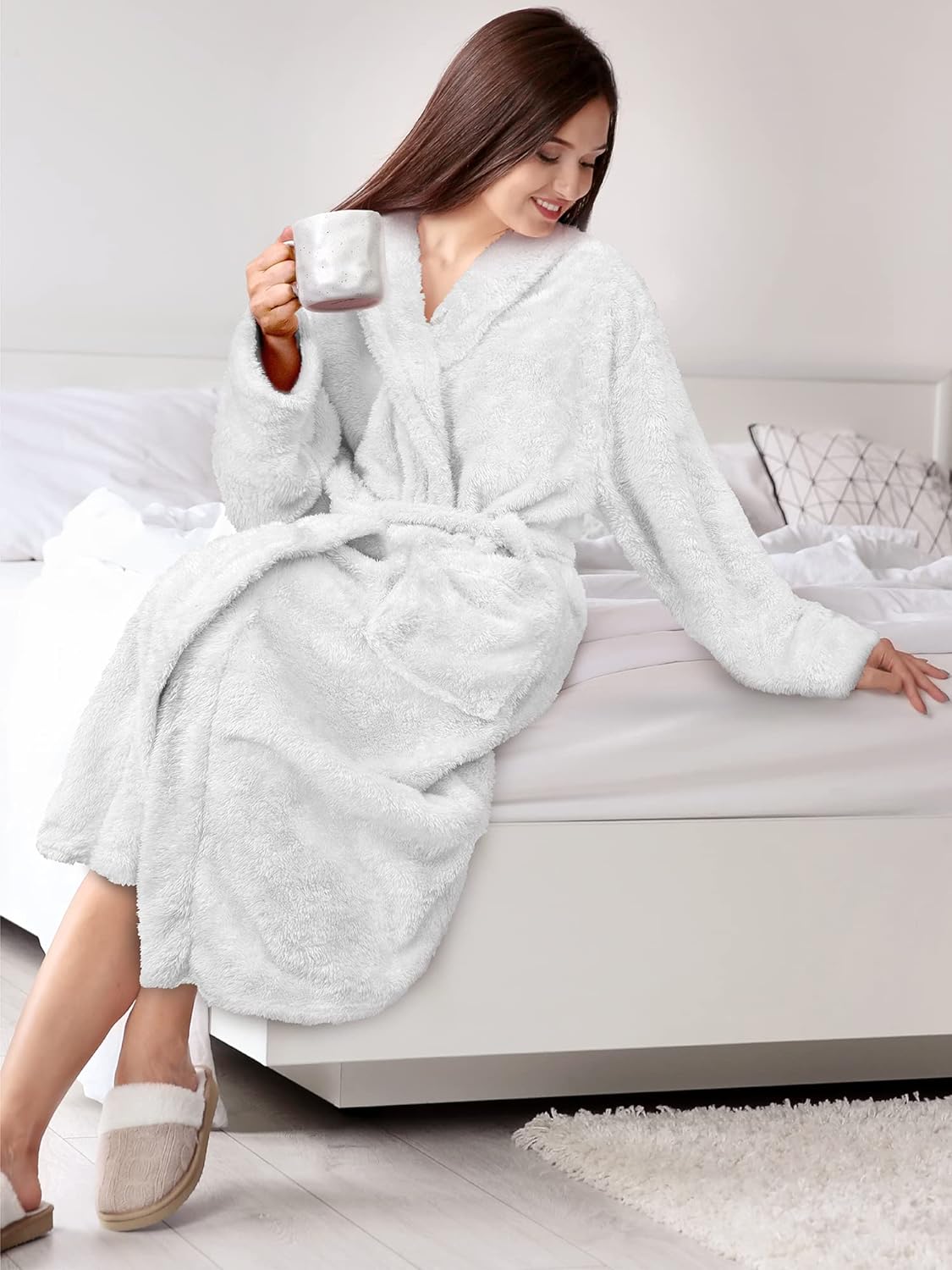 Premium Womens Plush Soft Robe Fluffy, Warm, Fleece Sherpa Shaggy Bathrobe