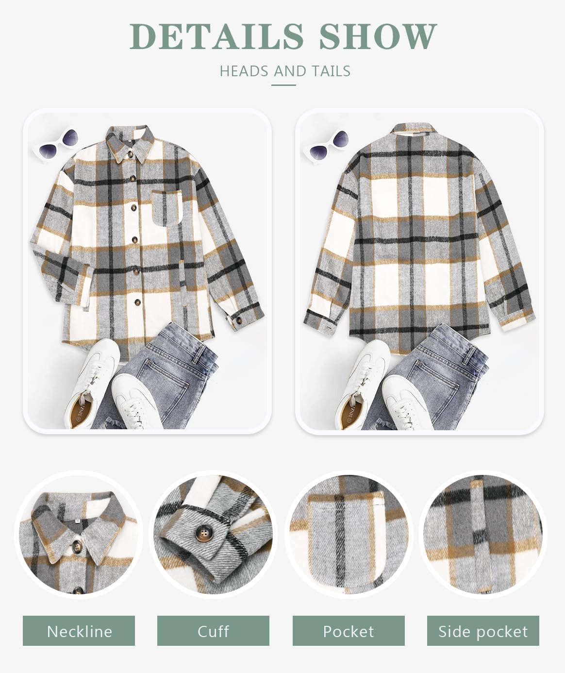 Womens Casual Plaid Shackets Brushed Flannel Button Down Shirt Jacket Coats with Side Pockets