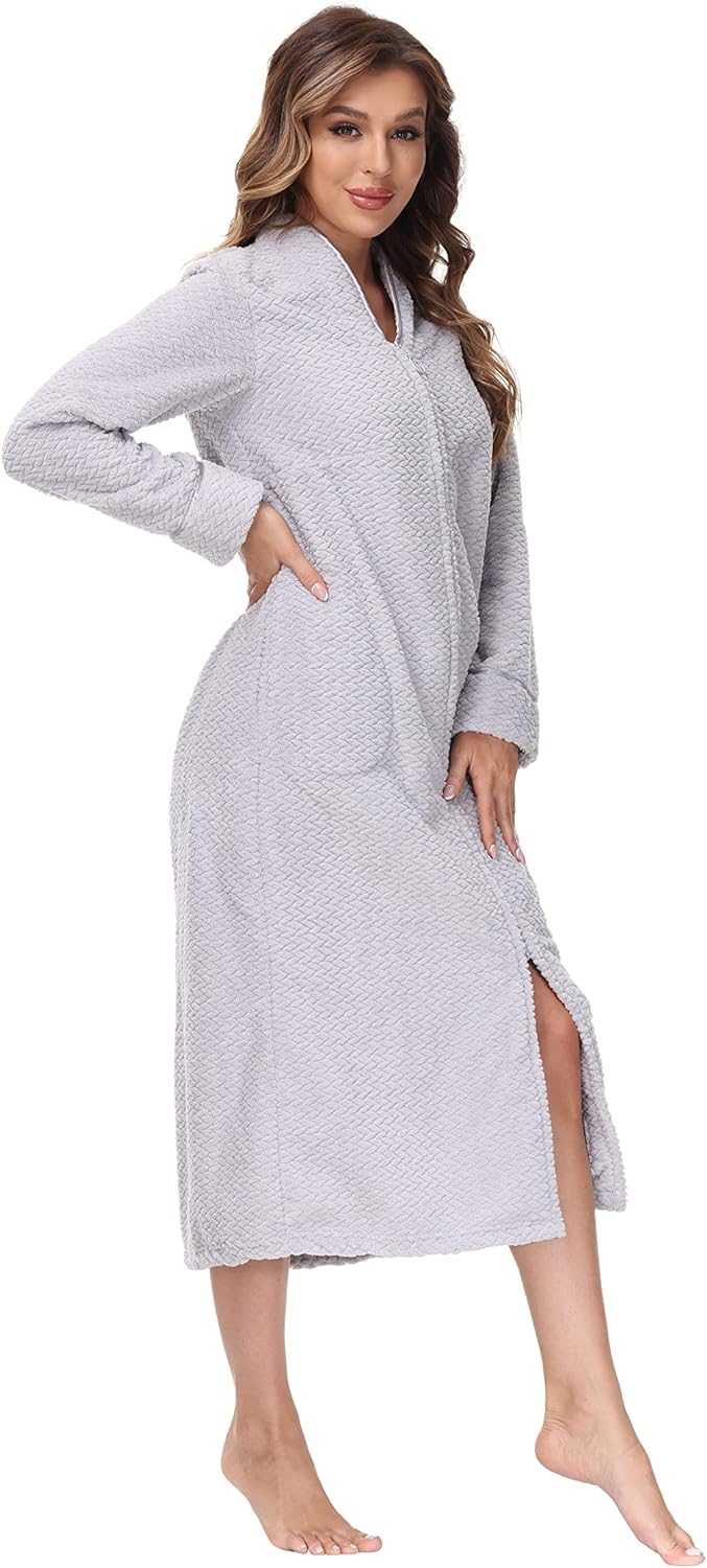Embossed Plush Front Zipper Robe for Women - Full-Length Housecoat - Ladies Bathrobe with Pocket, Collar & Cuff, Chalky Rose, XS