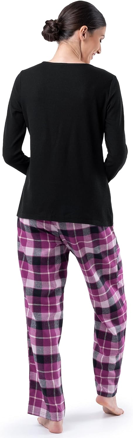 Fruit of the Loom Women's Waffle V-Neck Top and Flannel Pant Sleep Set