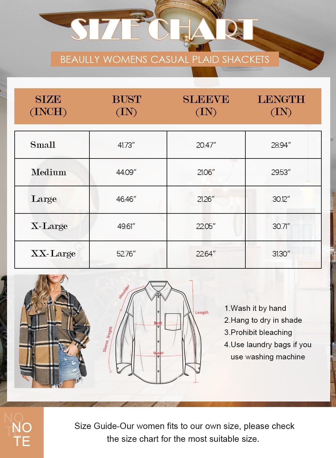 Womens Casual Plaid Shackets Brushed Flannel Button Down Shirt Jacket Coats with Side Pockets