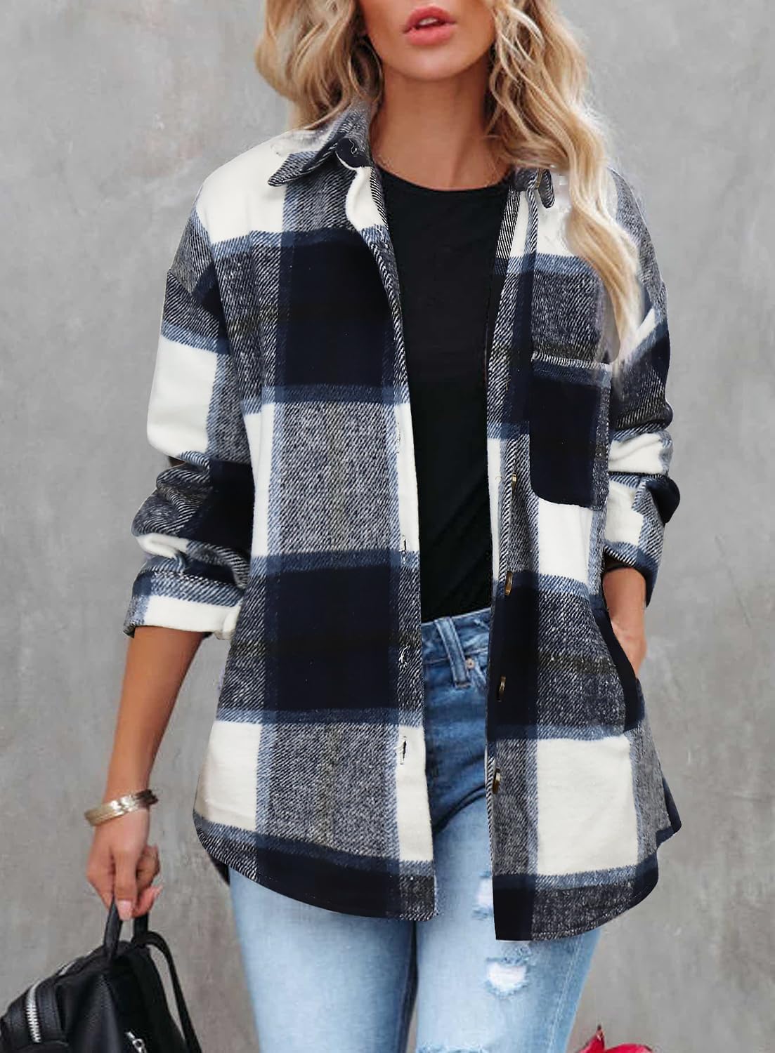 Womens Casual Plaid Shackets Brushed Flannel Button Down Shirt Jacket Coats with Side Pockets